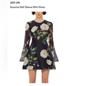 Leo Lin Suzanne Black Floral Bell Sleeve Mini Dress
